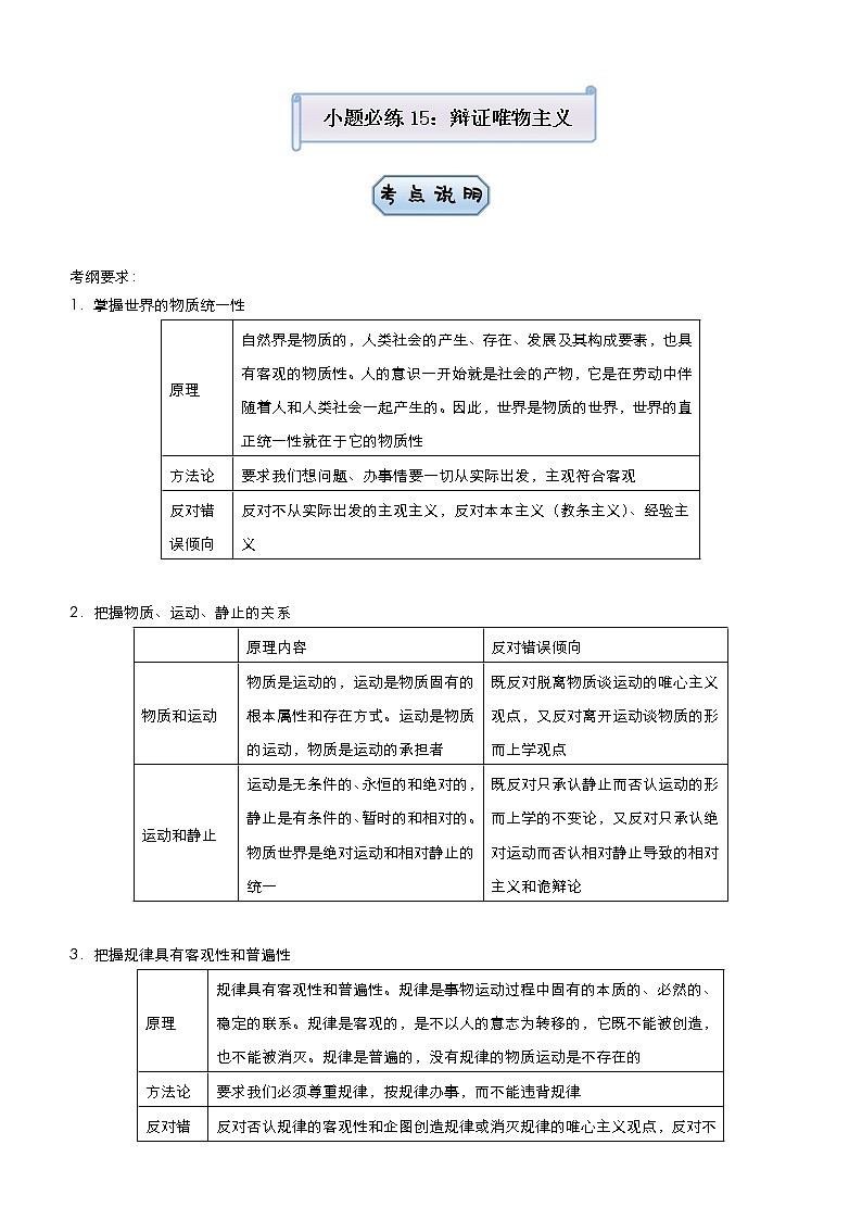 新高中政治高考 2021届小题必练15 辩证唯物主义 教师版第1页