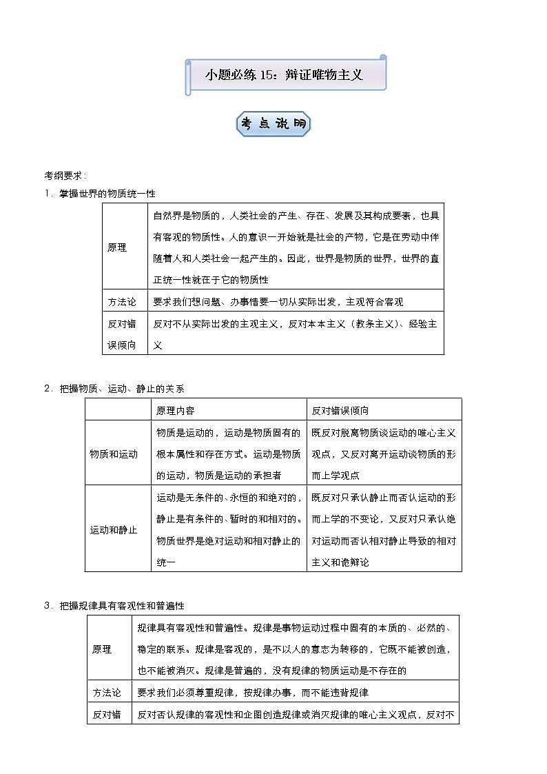 新高中政治高考 2021届小题必练15 辩证唯物主义 学生版第1页