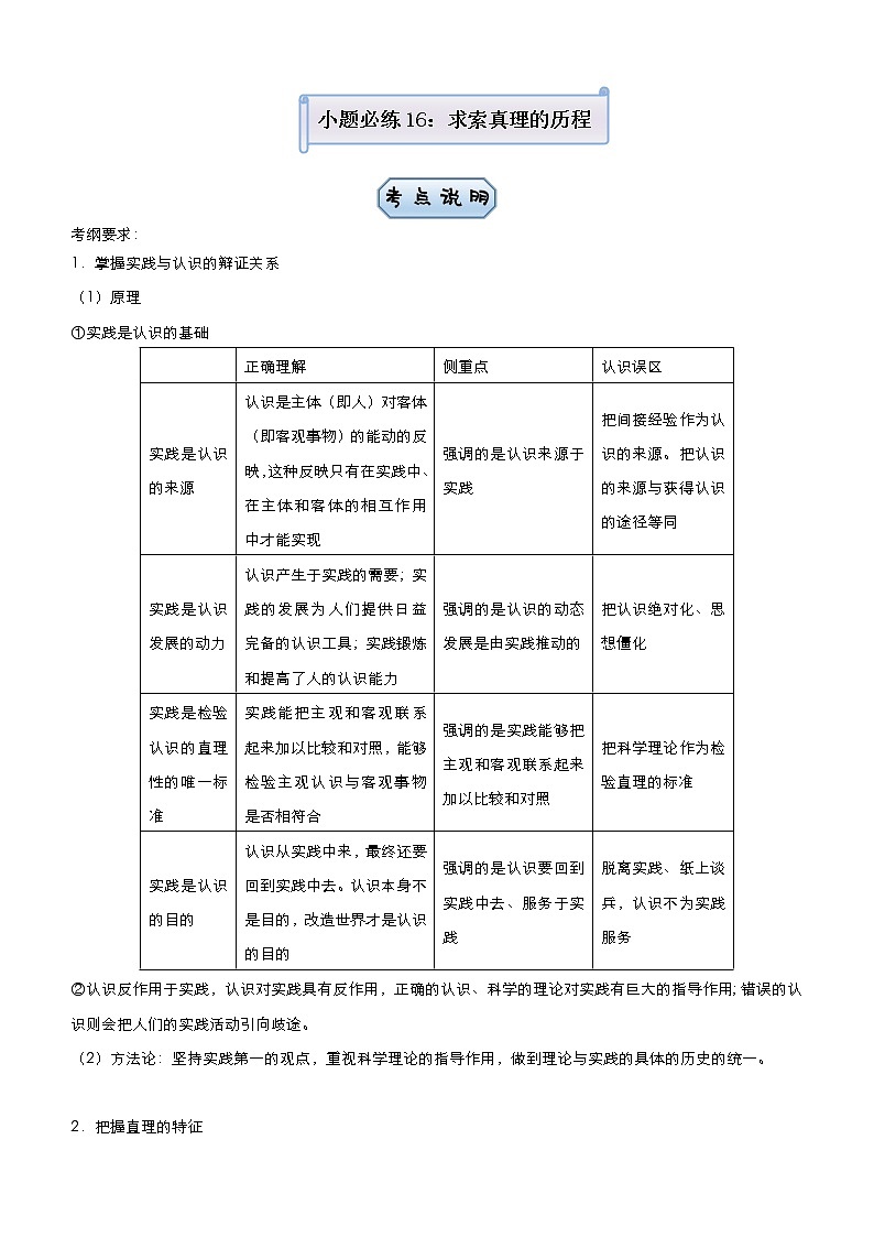 新高中政治高考 2021届小题必练16 求索真理的历程 学生版第1页