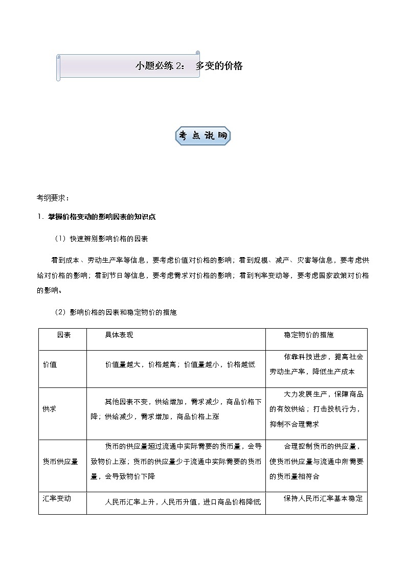 新高中政治高考 （新高考）2021届小题必练2 多变的价格 教师版第1页