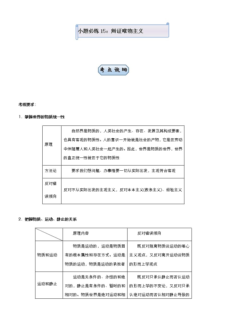 新高中政治高考 （新高考）2021届小题必练15 辩证唯物主义 教师版第1页