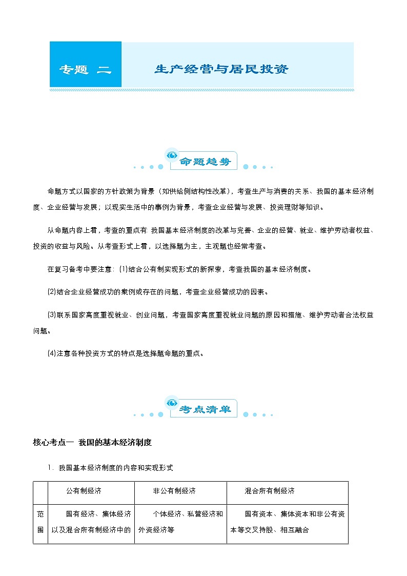 新高中政治高考 （新高考）2021届高考二轮精品专题二 生产经营与居民投资 教师版第1页