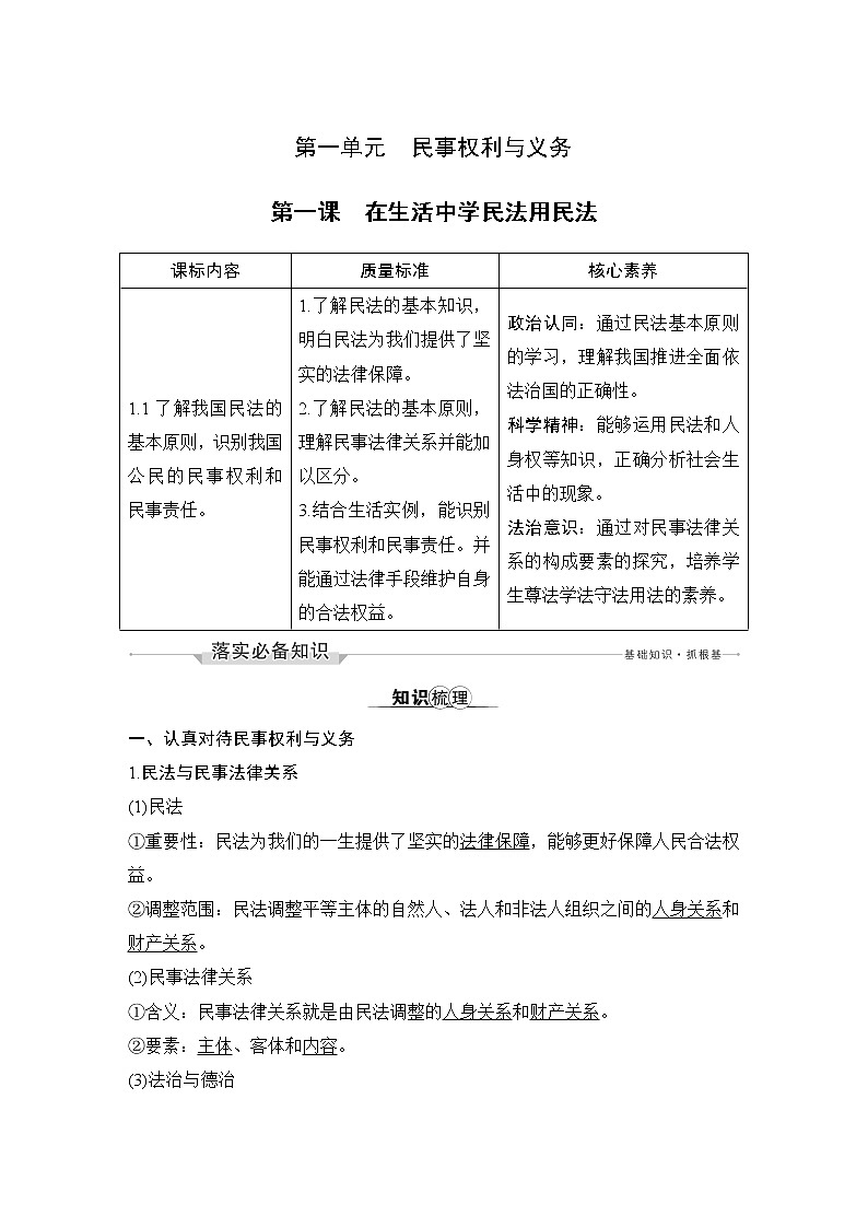 新高中政治高考第一课　在生活中学民法用民法 试卷01