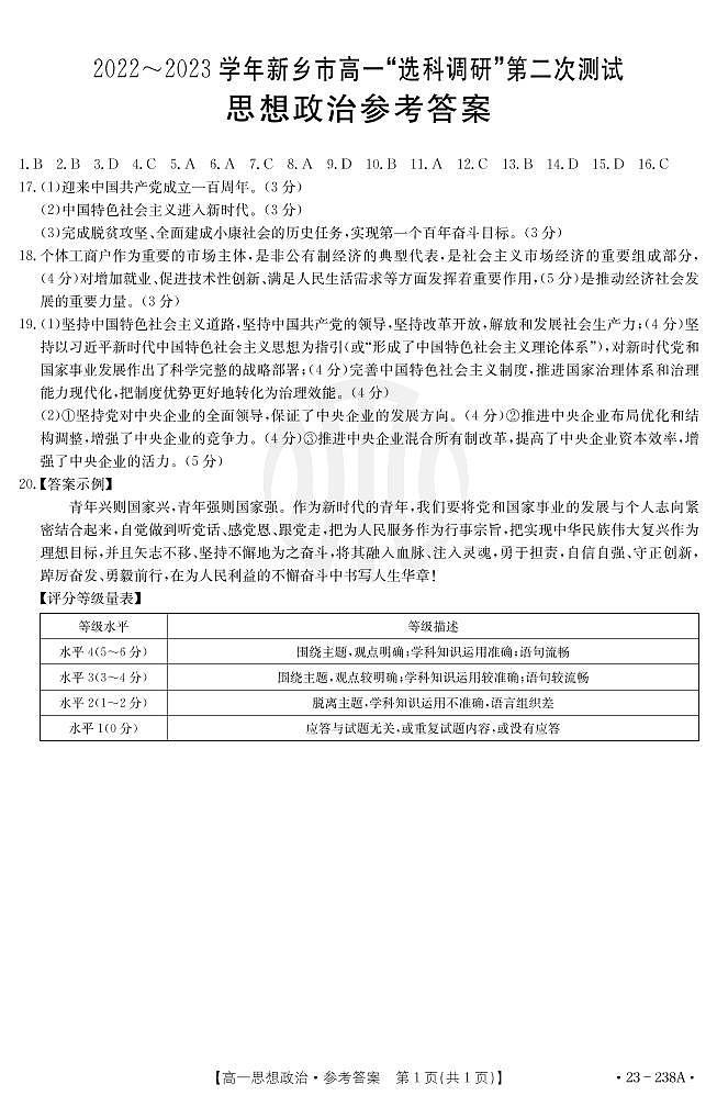 2022-2023河南省新乡市金太阳高一12月选科考试思想政治参考答案第1页