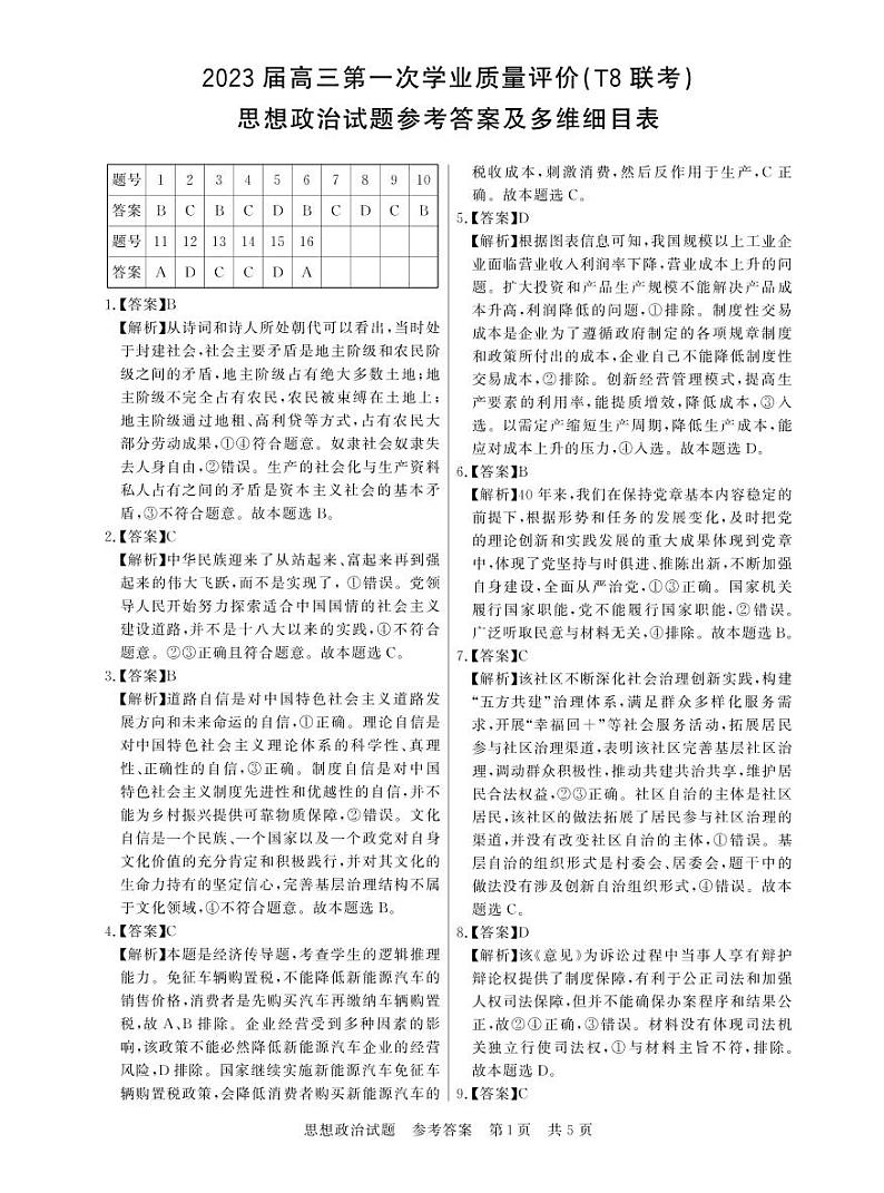 2022高三第一次T8联考T8联考 政治答案第1页