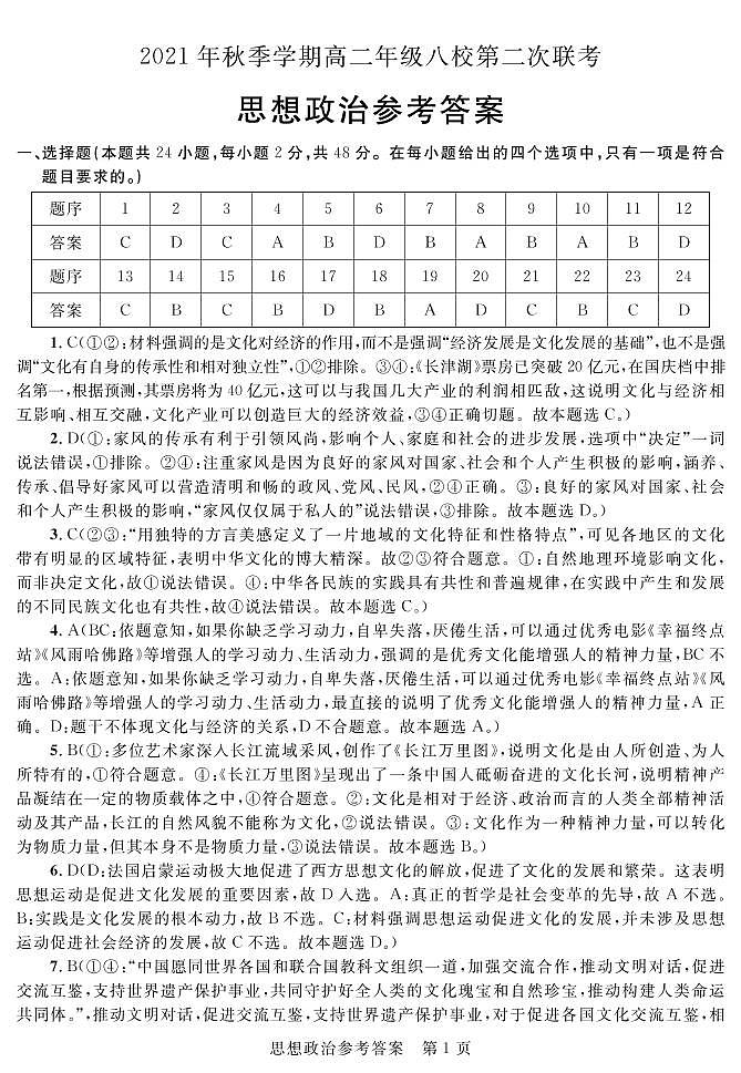 广西河池市八校2021-2022学年高二上学期12月第二次联考政治答案（PDF版）第1页