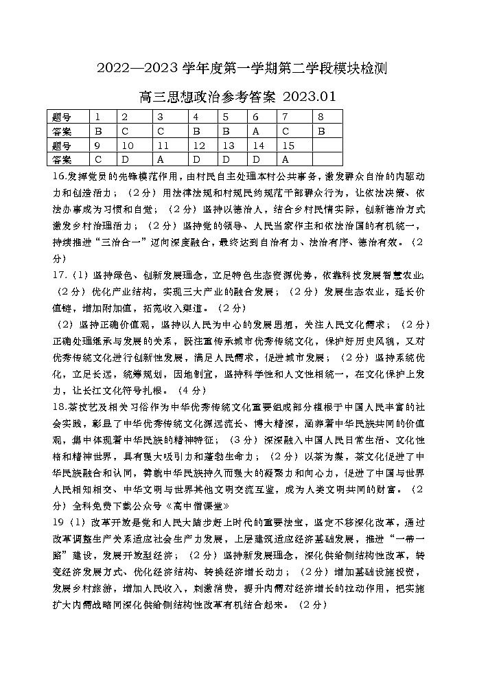 山东省某重点校2022-2023学年高三上学期期末考试政治答案第1页