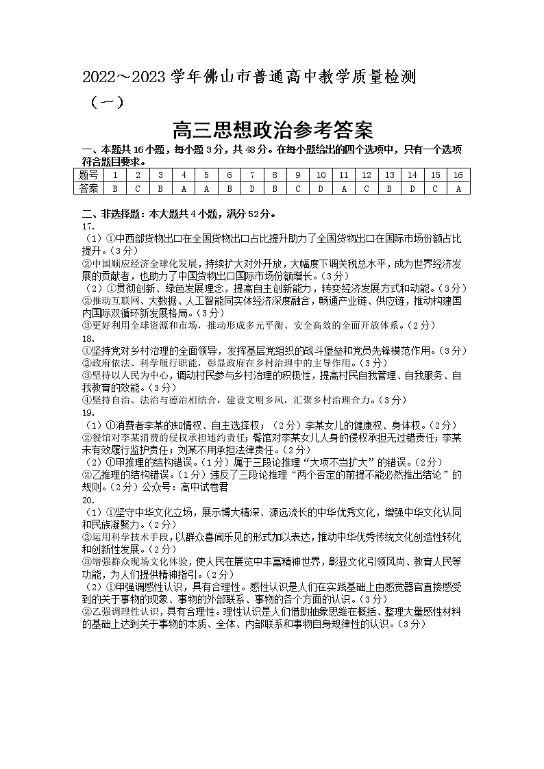 2023佛山高三上学期教学质量检测（一模）政治PDF版含答案01