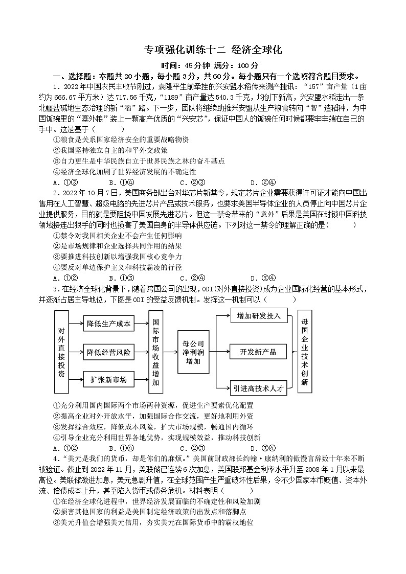 专项强化训练十二 经济全球化 练习 2022-2023学年统编版高三政治二轮复习专题练习第1页
