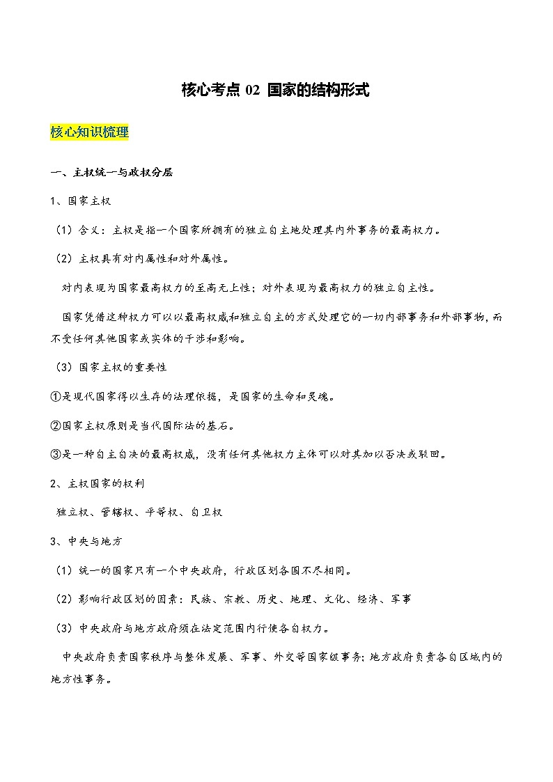 核心考点02 国家的结构形式-高考政治一轮复习全考点核心知识梳理＋对点练习（统编版选择性必修1）01