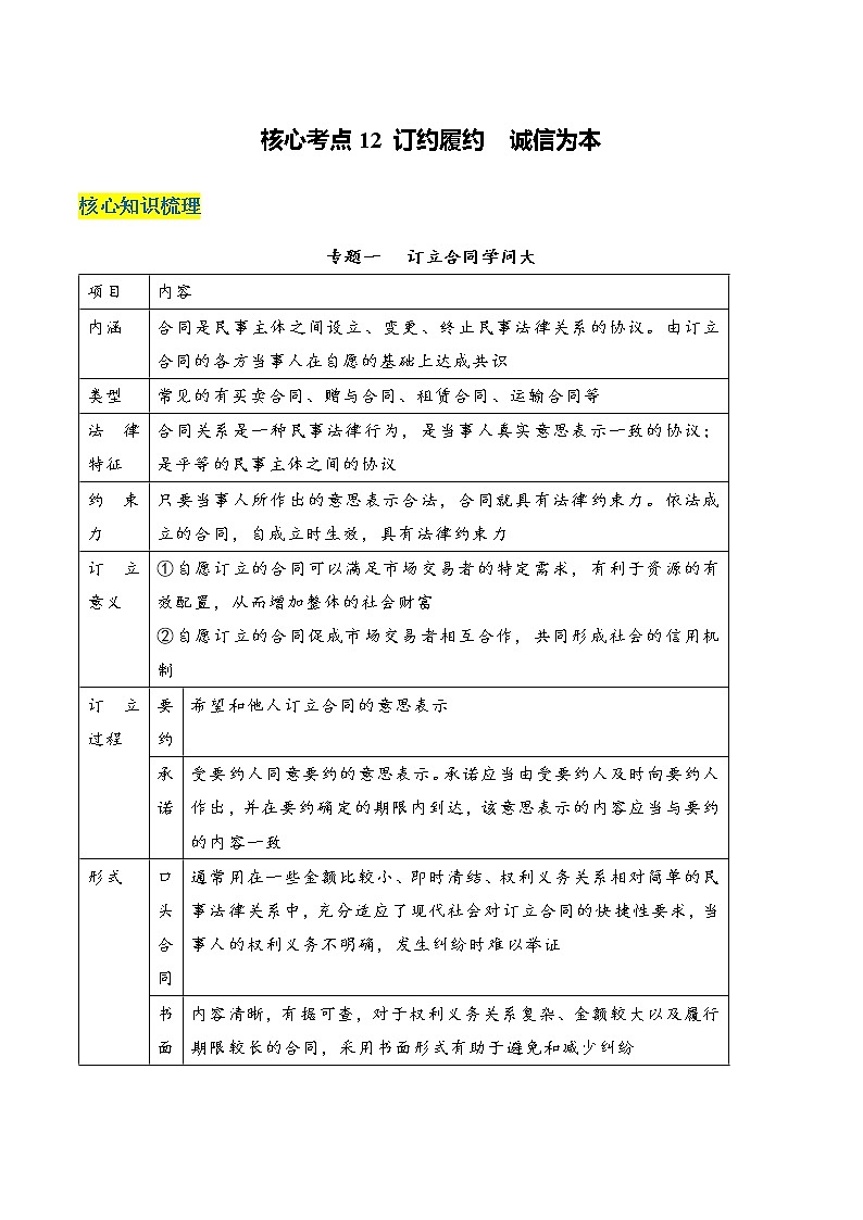 核心考点12 订约履约　诚信为本（解析版）第1页