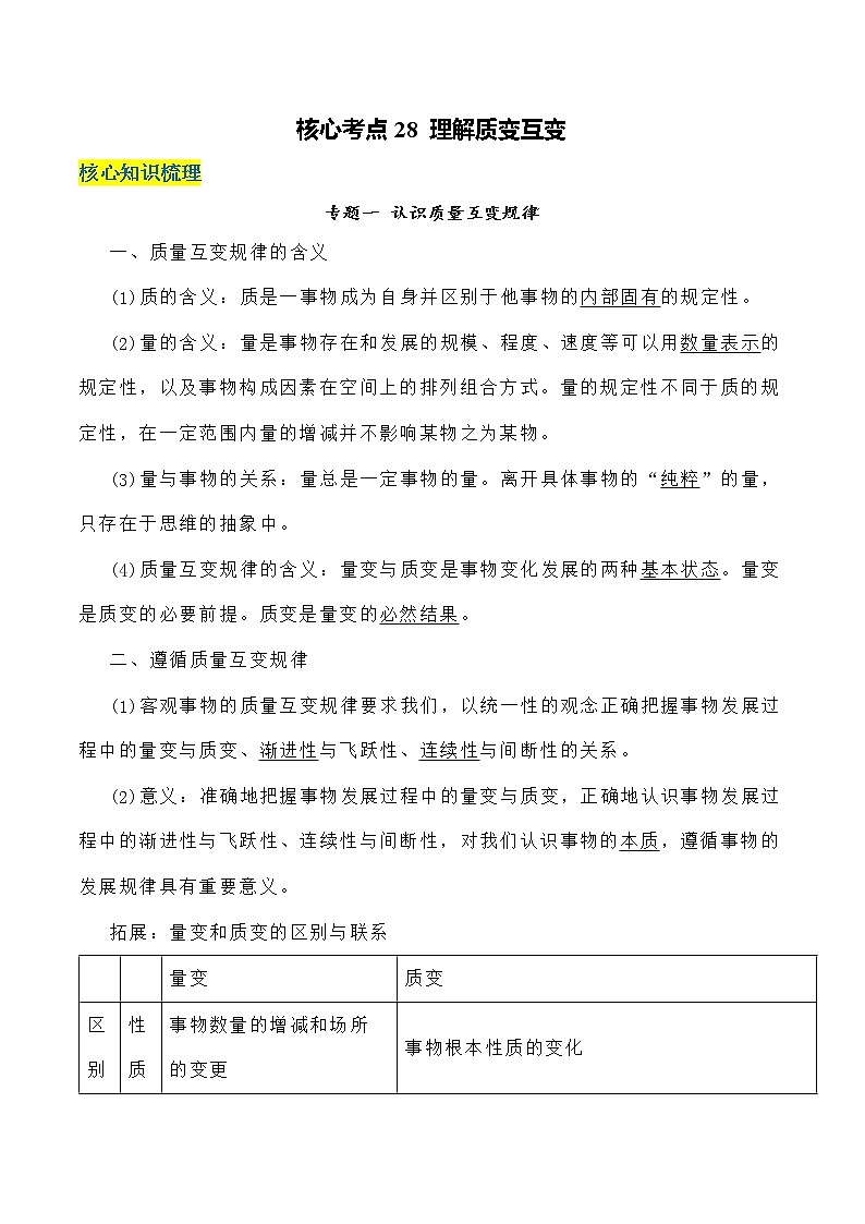 核心考点28 理解质变互变-高考政治一轮复习全考点核心知识梳理＋对点练习（统编版选择性必修3）01