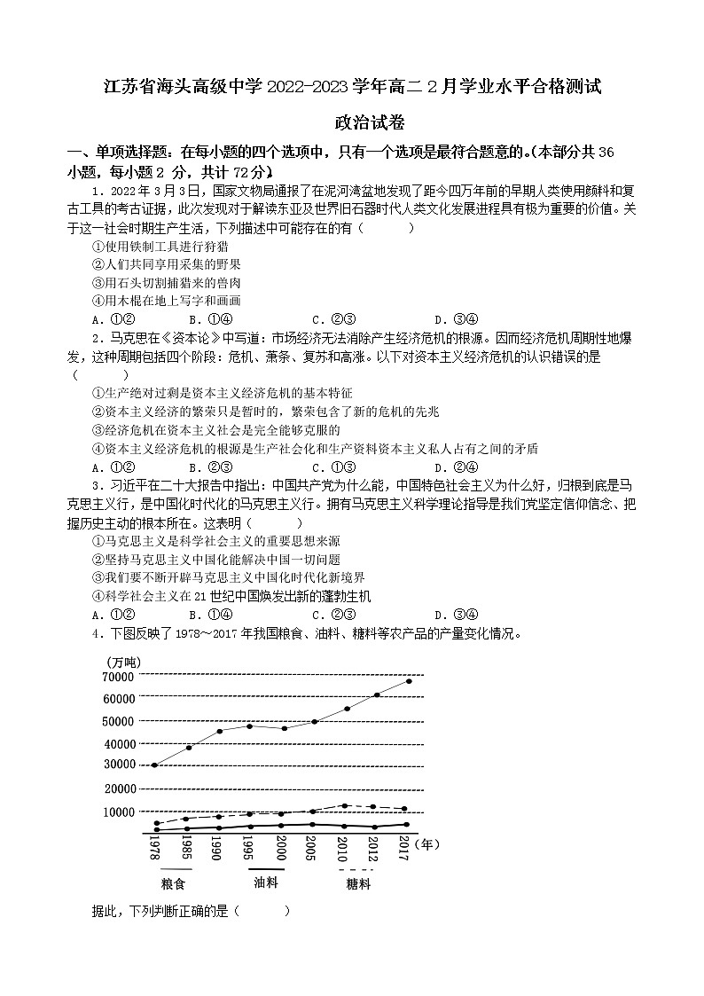 江苏省海头高级中学2022-2023学年高二2月学业水平合格测试政治试卷01