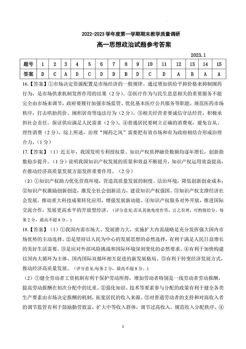 2023东营高一上学期期末考试政治试题含答案01