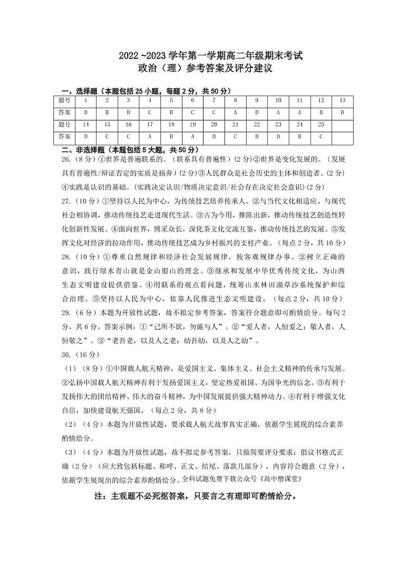 2023太原高二上学期期末考试政治（理）含答案01