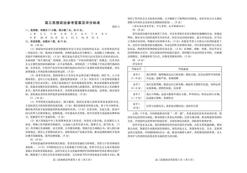 2023届山东省潍坊市东营市高三下学期高三高考一模 政治试题及答案01