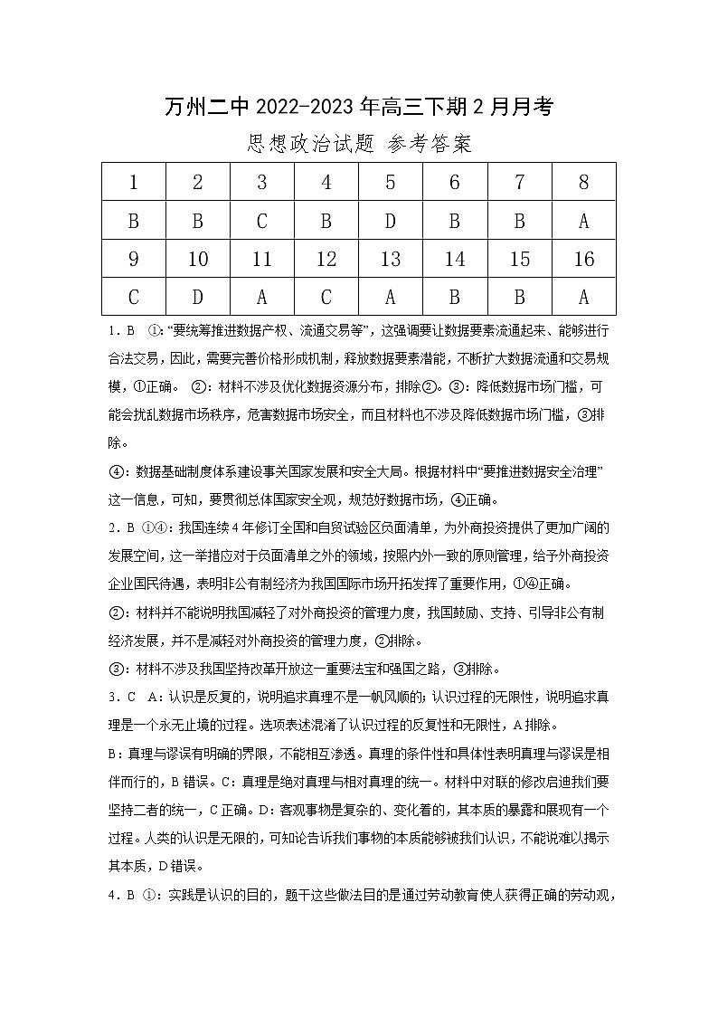 重庆市万州第二高级中学2022-2023学年高三下学期2月月考政治答案第1页
