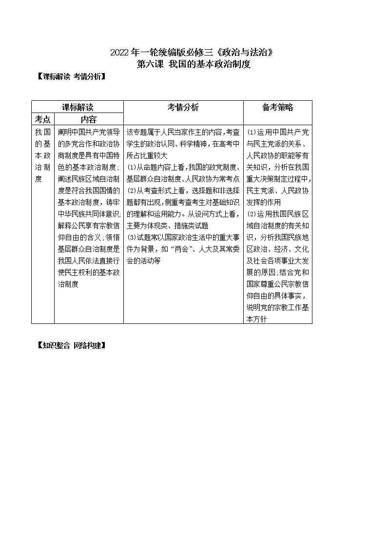 第六课 我国的基本政治制度（优质学案）-2022年高考政治一轮复习高效优质课件与学案（统编版）01
