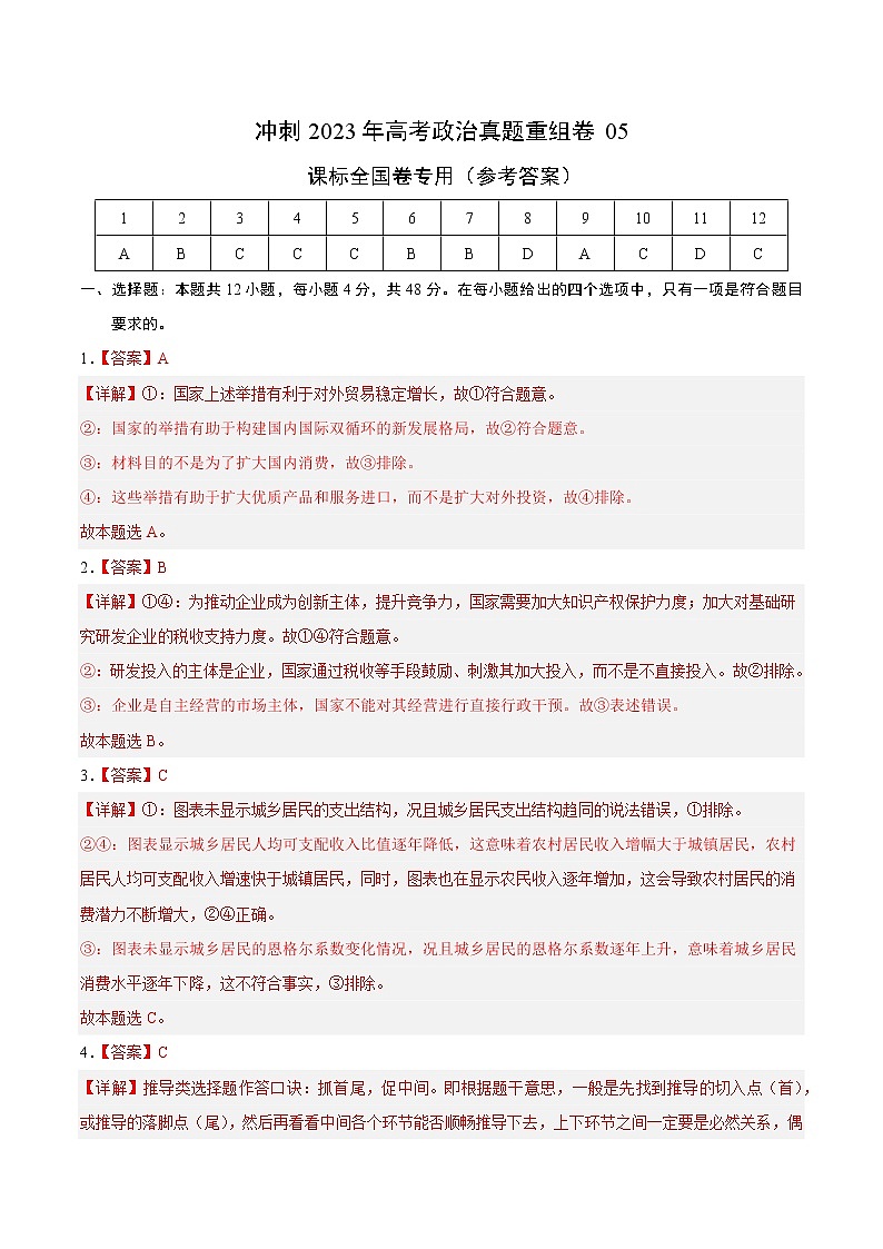 卷05——【备考2023】高考政治真题重组卷（参考答案）第1页