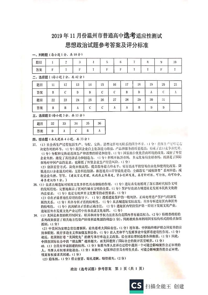 2020届浙江省温州市高三11月普通高中高考适应性测试一模政治试题 PDF版含答案01