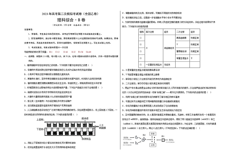 2023年高考政治第二次模拟考试卷—理科综合（全国乙卷B卷）（考试版）A301