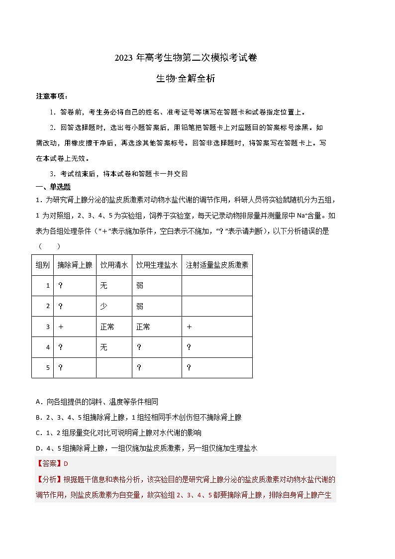 2023年高考政治第二次模拟考试卷—生物（北京B卷）（全解全析）01