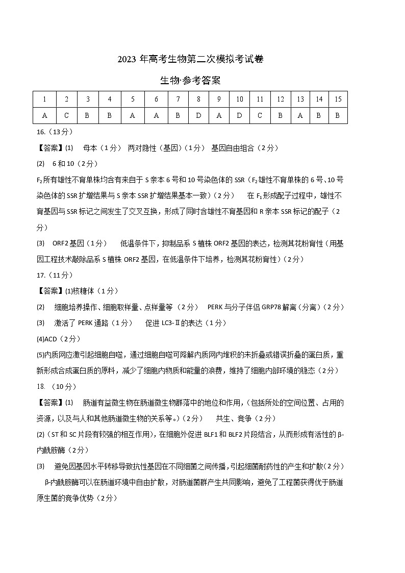 2023年高考政治第二次模拟考试卷—生物（北京A卷）（参考答案）第1页