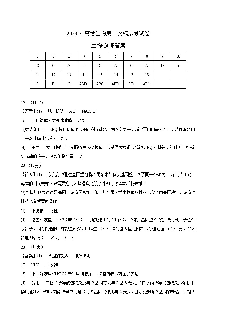 2023年高考政治第二次模拟考试卷—生物（河北A卷）（参考答案）01