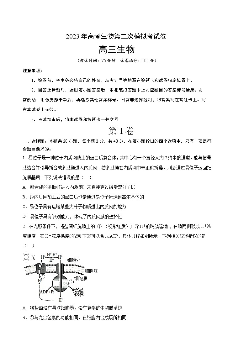 2023年高考政治第二次模拟考试卷—生物（湖北B卷）（考试版）01