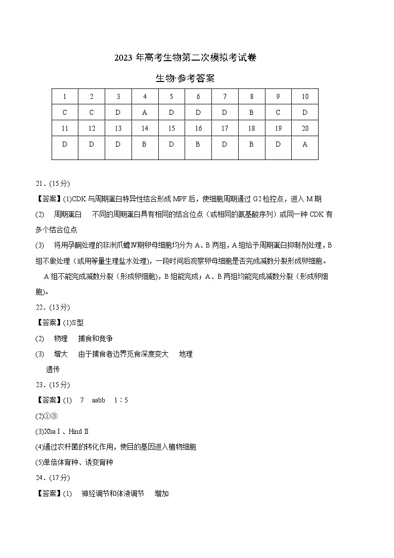 2023年高考政治第二次模拟考试卷—生物（湖北A卷）（参考答案）01