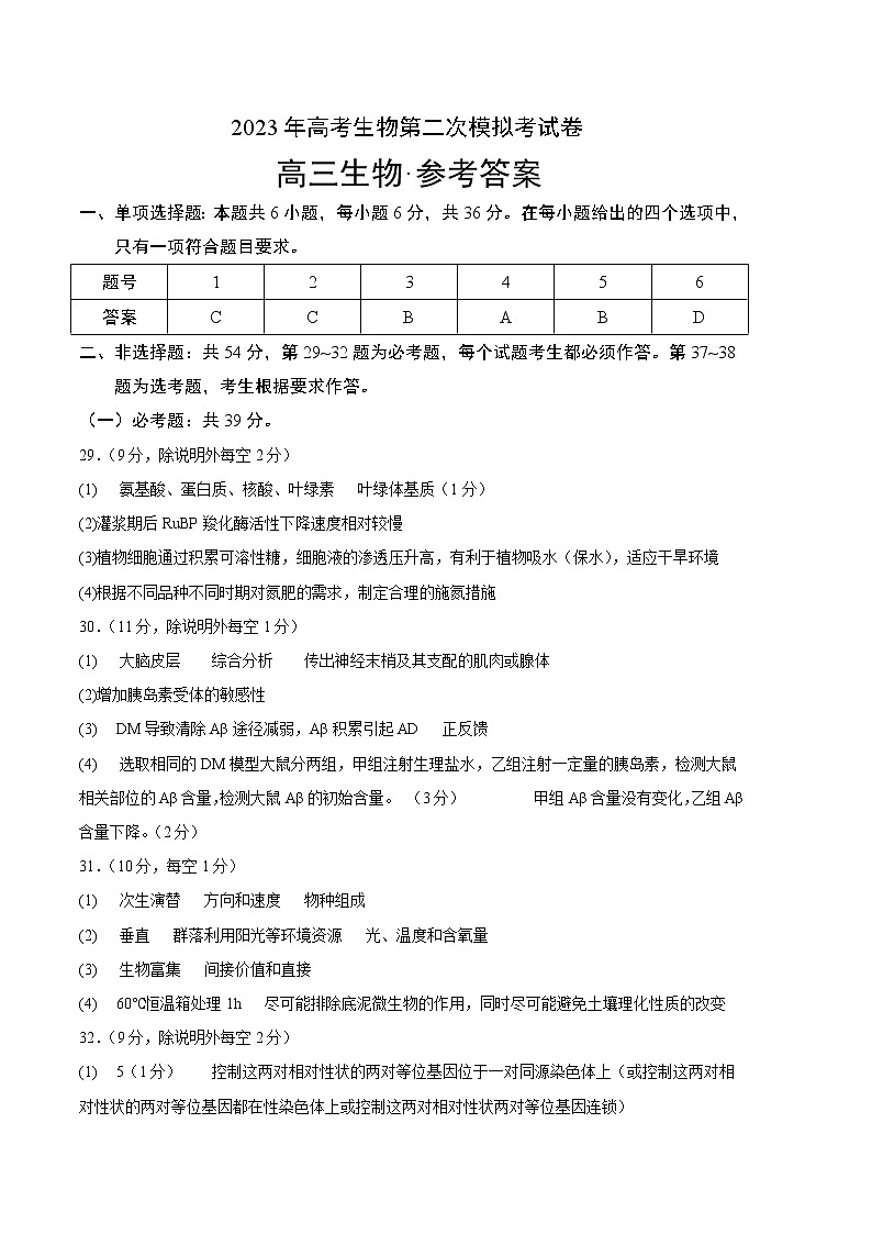 2023年高考政治第二次模拟考试卷—生物（全国乙A卷）（参考答案，带分值）01