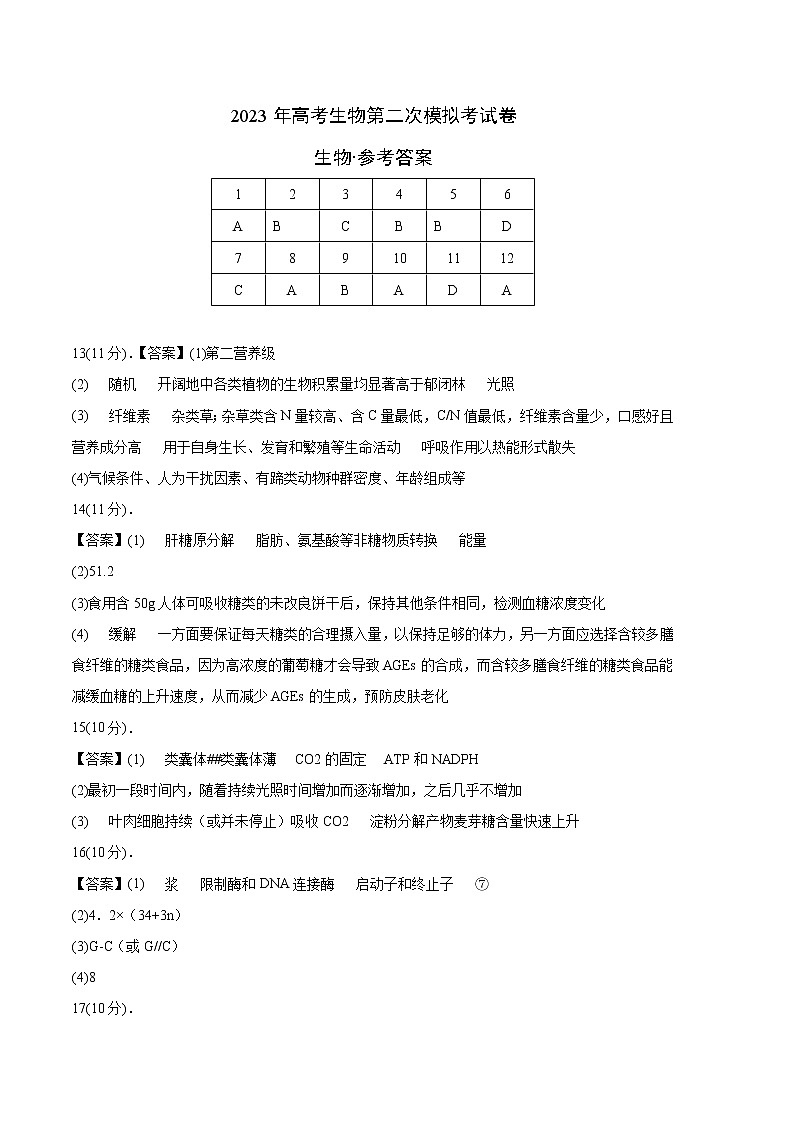 2023年高考政治第二次模拟考试卷—生物（天津B卷）（参考答案）（需要分值）第1页
