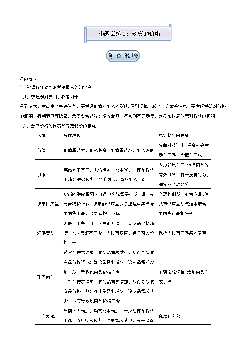 高考政治二轮复习小题必练2 多变的价格 教师版第1页