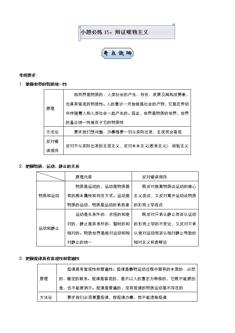 （新高考）高考政治二轮复习小题必练15 辩证唯物主义 教师版第1页