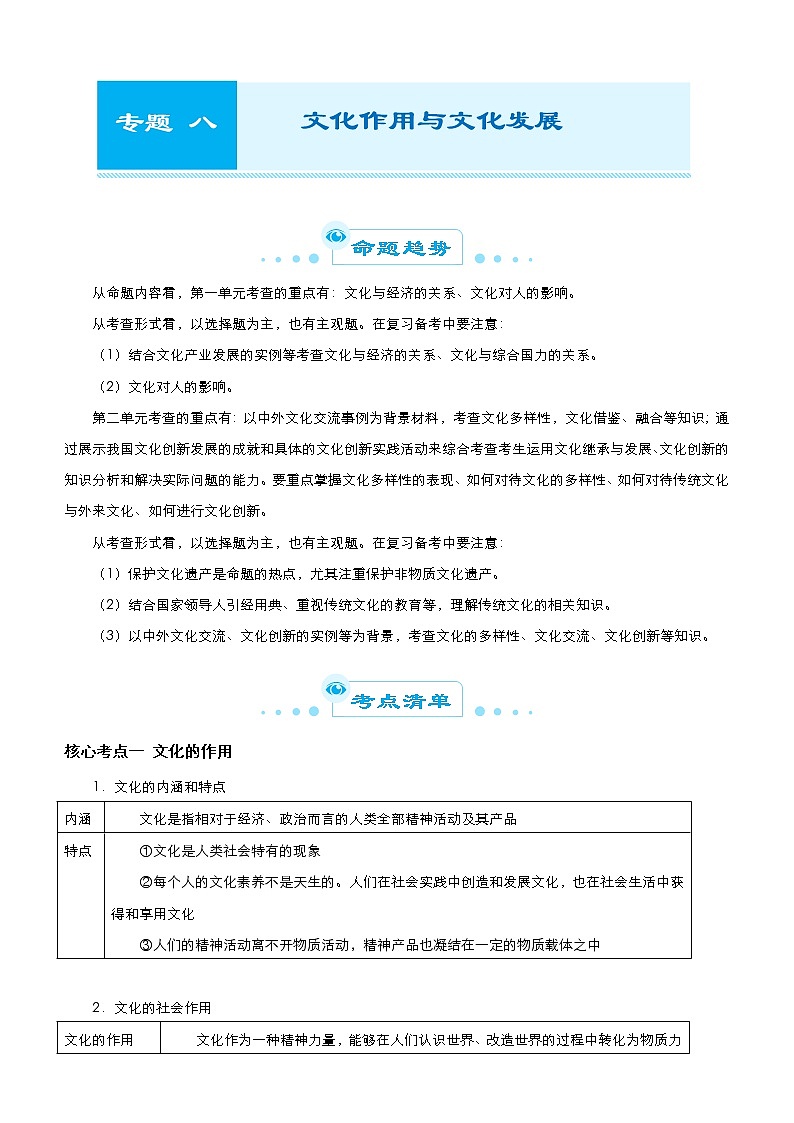 （新高考）高考政治二轮精品专题八 文化作用与文化发展 教师版第1页