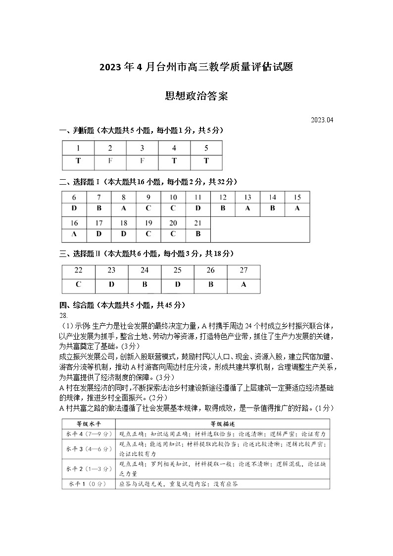 2023台州高三下学期二模政治试题含答案01
