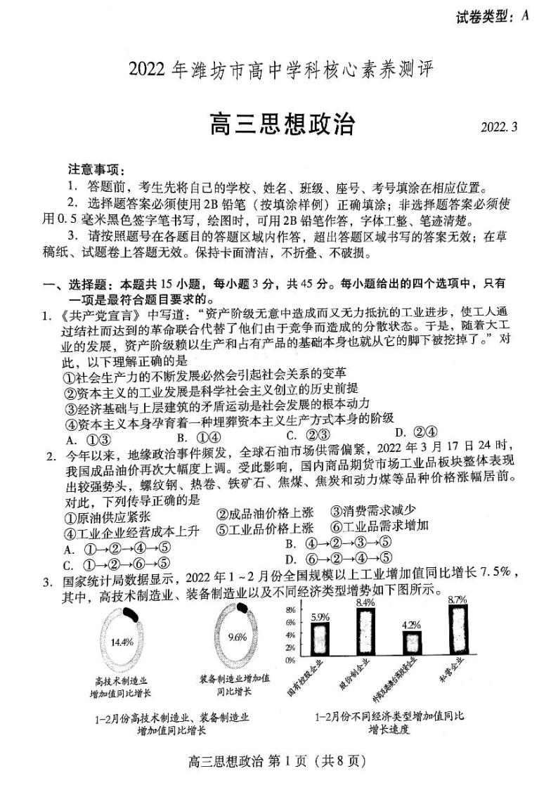 2022年潍坊市高中学科高三核心素养测评试卷 思想政治 PDF版01