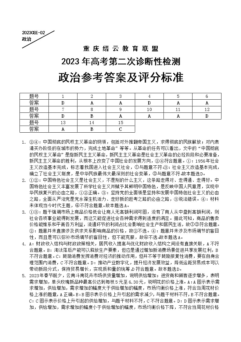 重庆缙云教育联盟2023年高考第二次诊断性检测政治答案第1页