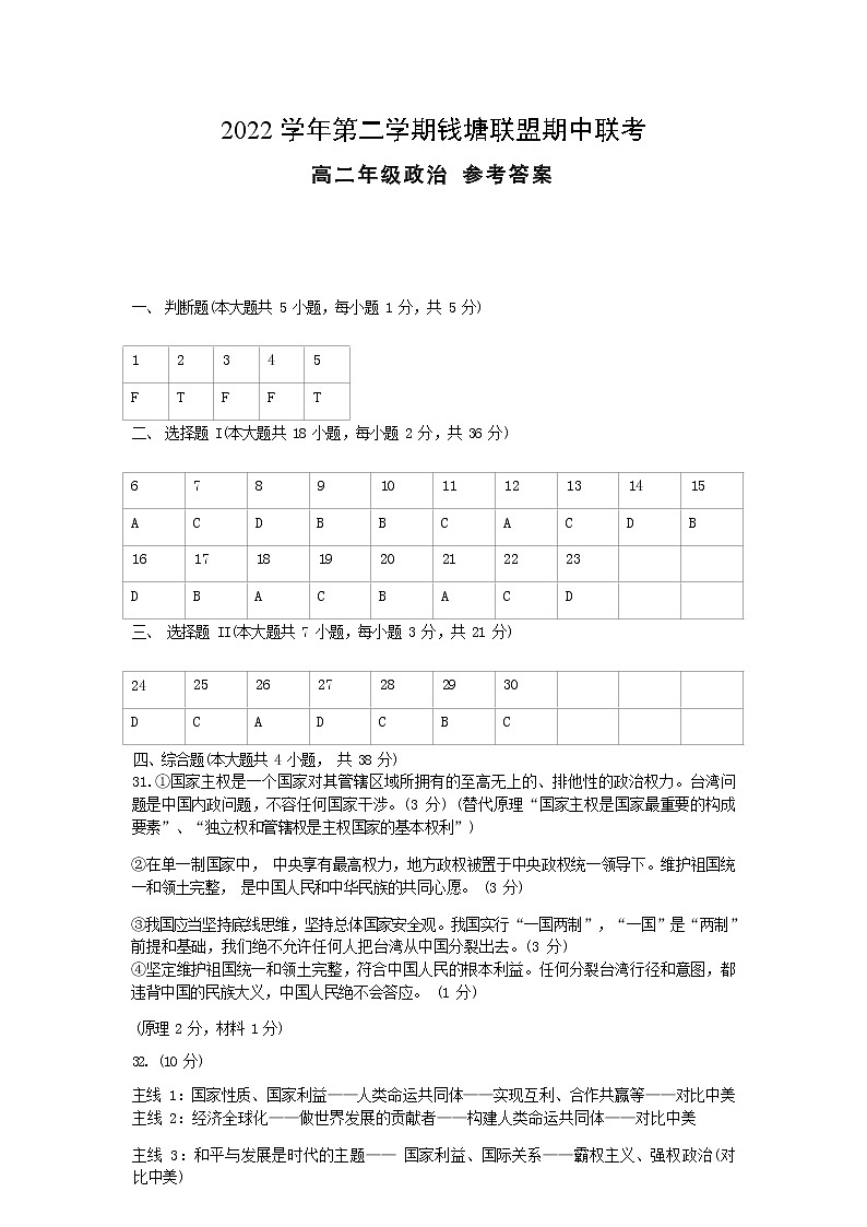2023浙江省钱塘联盟高二下学期期中联考政治试卷含答案01