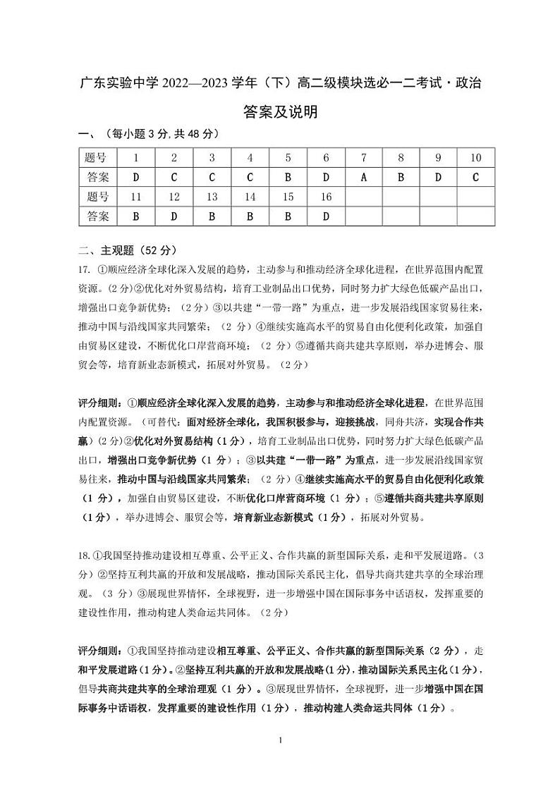 2022-2023学年广东实验中学高二下学期期中考试政治PDF版含答案01