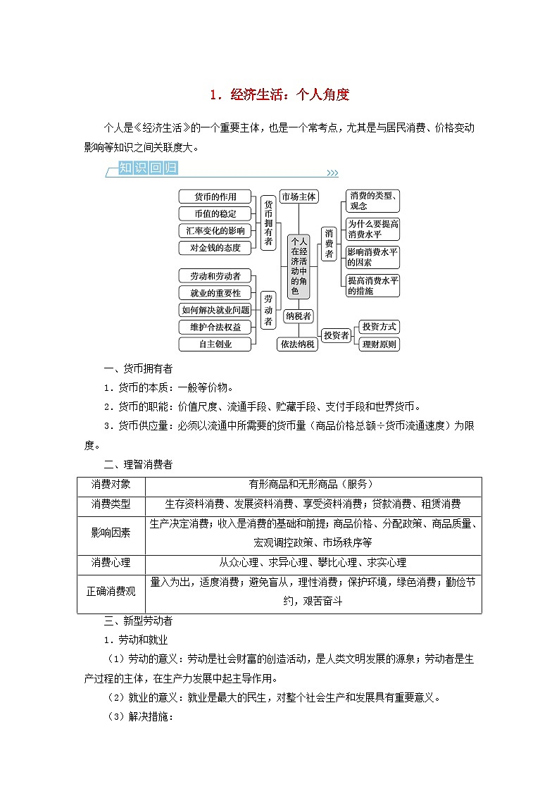 （统考版）2023高考政治二轮专题复习 第二篇 考前回顾1 经济生活：个人角度第1页