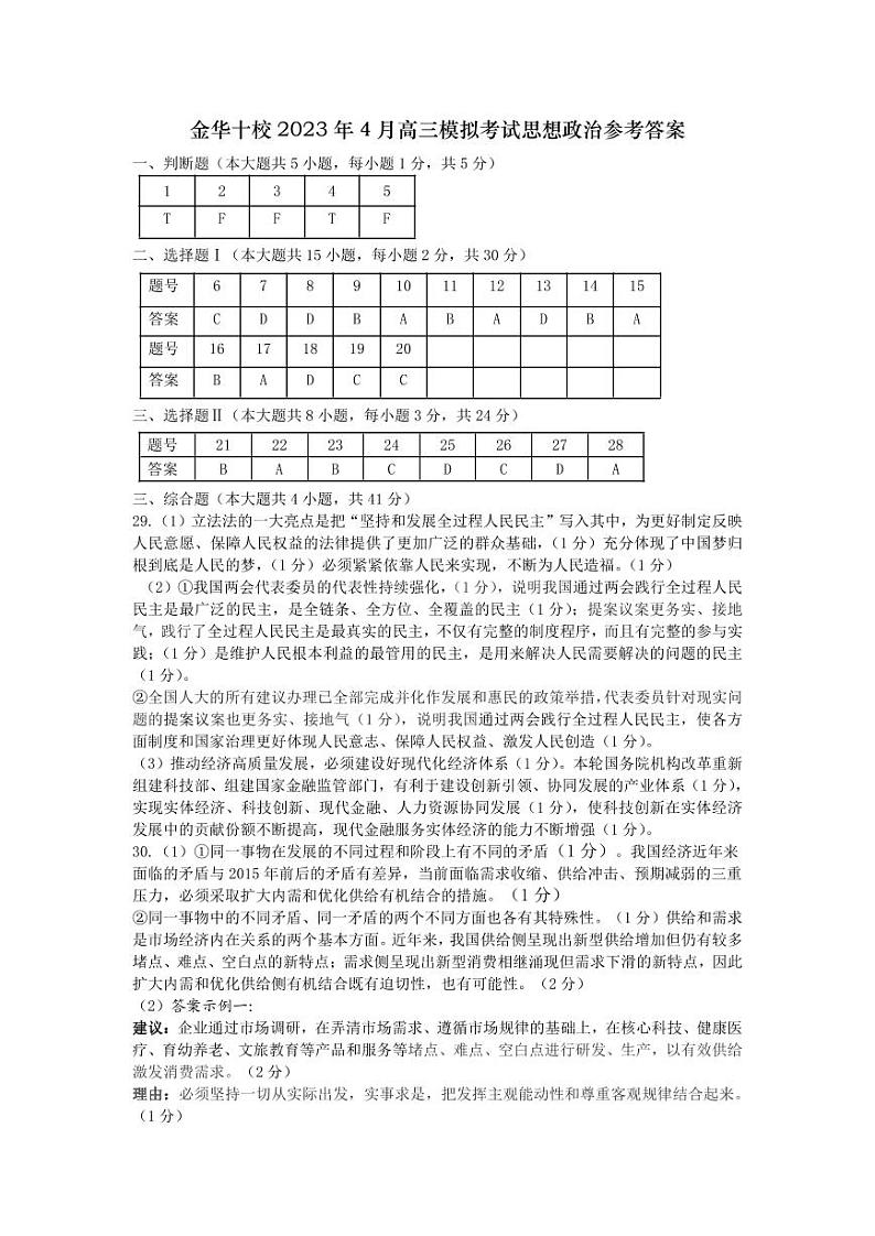 浙江省金华十校2022-2023学年高三下学期二模政治答案第1页