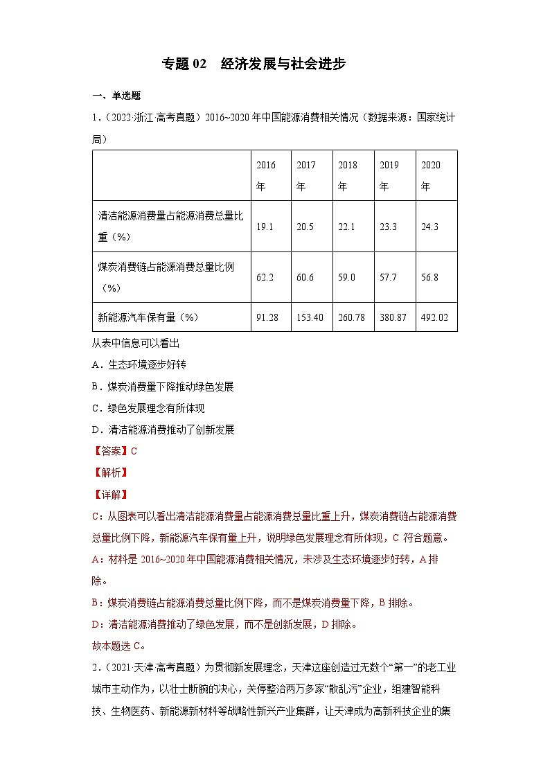 专题02 经济发展与社会进步——【新高考专用】2020-2022三年高考政治真题分类汇编（原卷版+解析版）01
