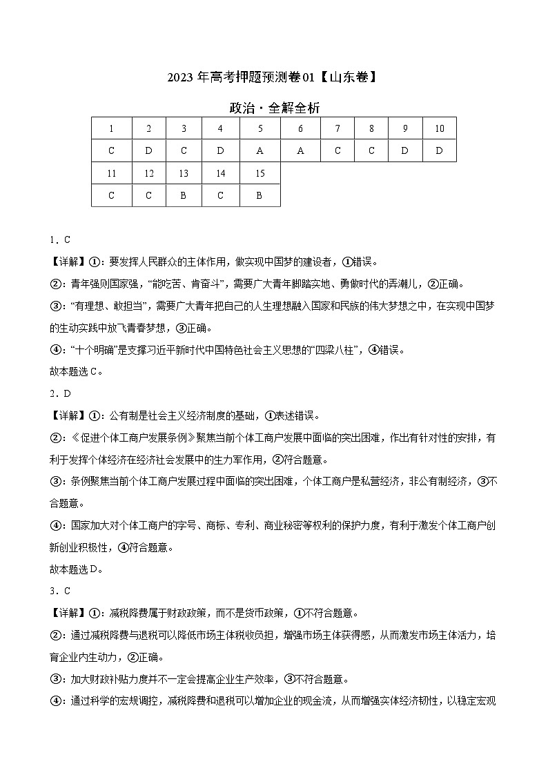 2023年高考押题预测卷01（山东卷）-政治（全解全析）第1页