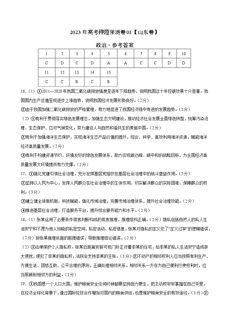 2023年高考押题预测卷01（山东卷）-政治（参考答案）第1页