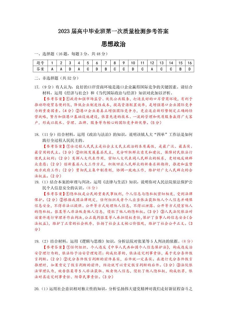 福建省七地市2023届高三上学期第一次质量检测（1月） 政治试卷01