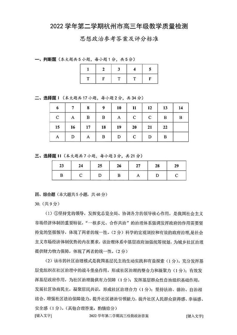 2023届浙江杭州市高三下学期二模试题政治PDF版含答案01