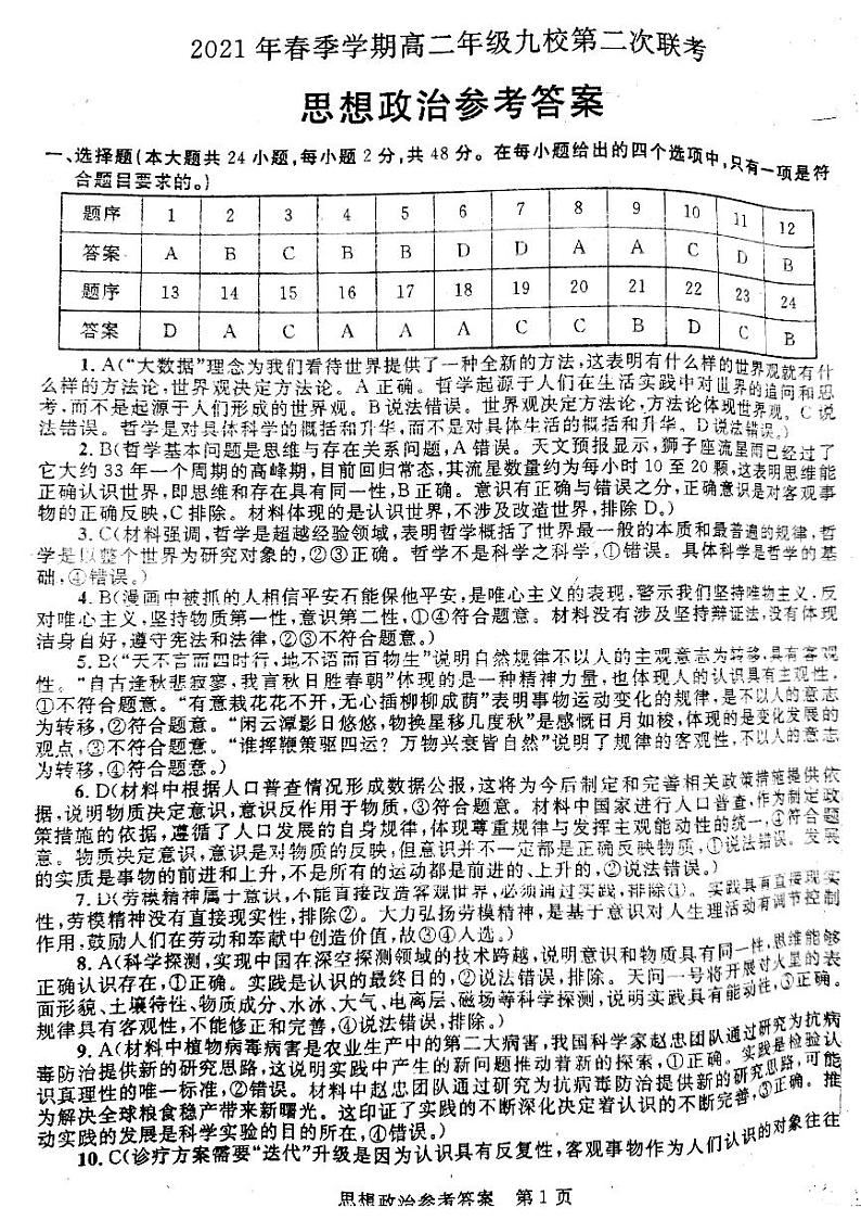 2020-2021学年广西河池市九校高二下学期第二次联考政治试题 PDF版01