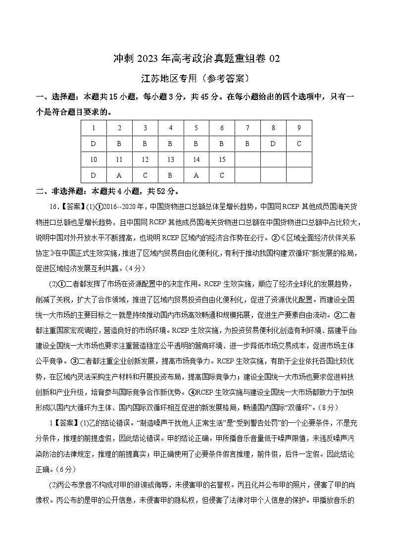 真题重组卷02——2023年高考政治真题汇编重组卷（参考答案）第1页
