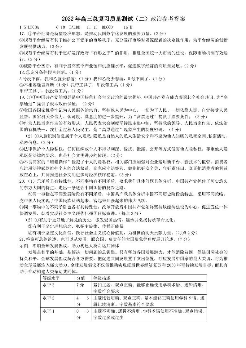 辽宁省丹东市2022届高三总复习质量测试（二） 政治 PDF版答案解析第1页